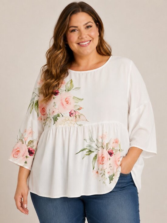 no brand Tops - White Floral Babydoll Blouse 2XL 3/4 Sleeve Peplum Top Cottagecore Romantic Top